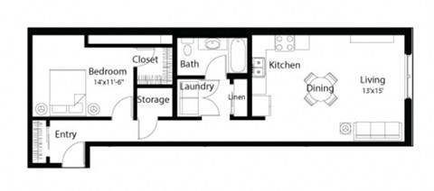 Floor plan for 1 bed, 1 bath, 769 sqft