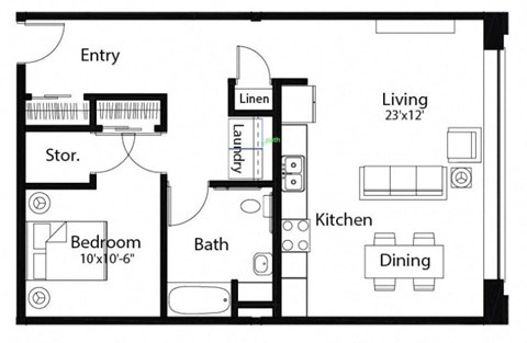 Floor plan for 1 bed, 1 bath, 802 sqft