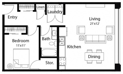 Floor plan for 1 bed, 1 bath, 697 sqft
