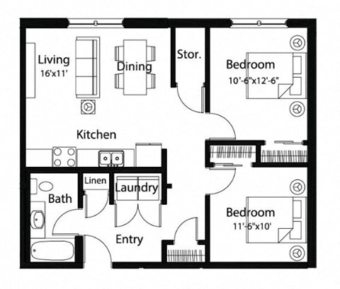 Floor plan for 2 beds, 1 bath, 801 sqft