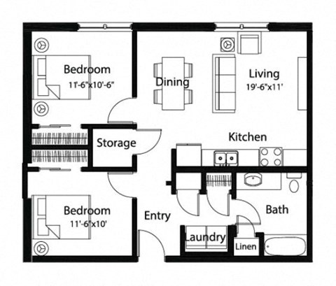 Floor plan for 2 beds, 1 bath, 807 sqft