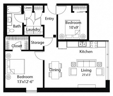 Floor plan for 2 beds, 1 bath, 899 sqft