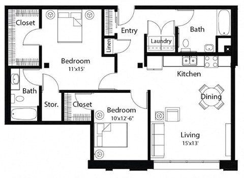 Floor plan for 2 beds, 2 baths