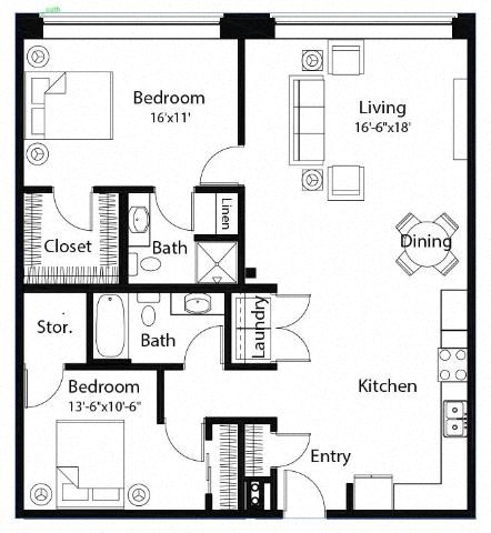 Floor plan for 2 beds, 1 bath