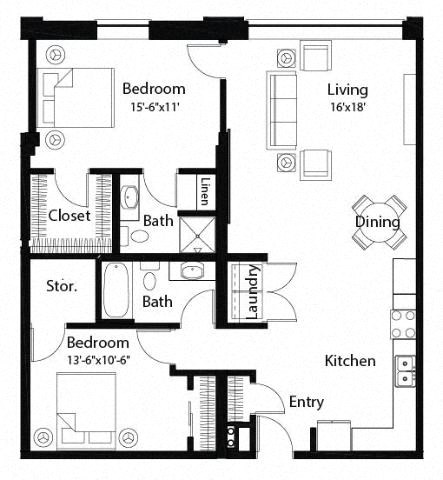 Floor plan for 2 beds, 2 baths