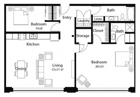 Floor plan for 2 beds, 1 bath, 1249 sqft