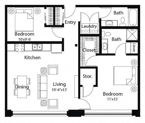 Floor plan for 2 beds, 1 bath, 1008 sqft
