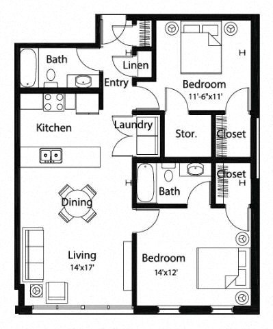 Floor plan for 2 beds, 2 baths, 967 sqft