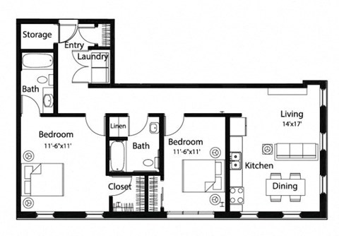 Floor plan for 2 beds, 2 baths, 1022 sqft