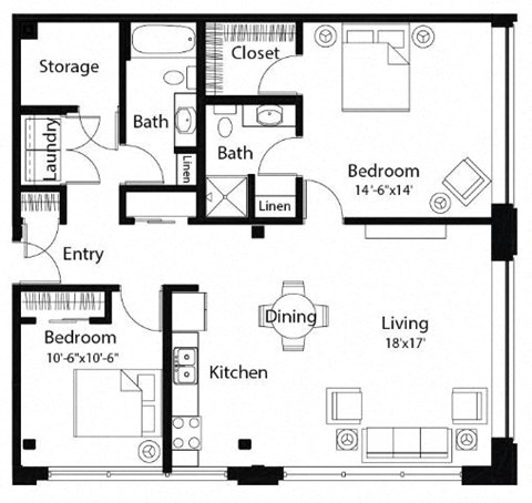 Floor plan for 2 beds, 2 baths, 1192 sqft