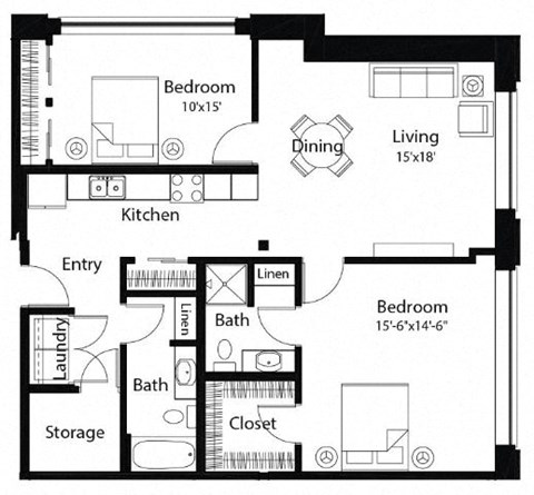 Floor plan for 2 beds, 1 bath, 1127 sqft