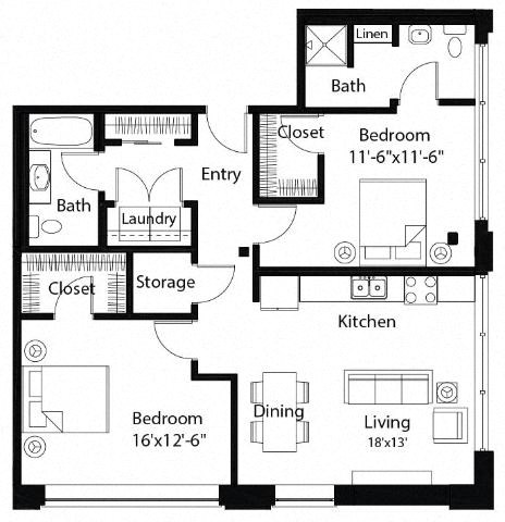 Floor plan for 2 beds, 1 bath, 1090 sqft