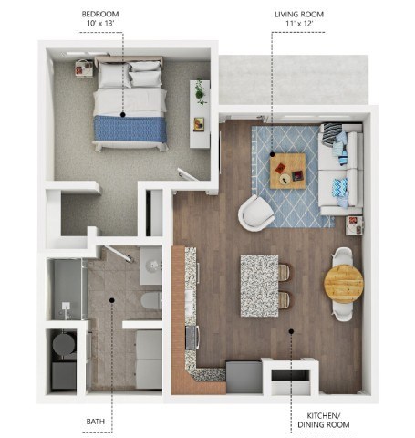 Floor plan for 1 bed, 1 bath, 630 sqft