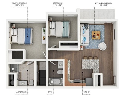 Floor plan for 2 beds, 2 baths, 850 sqft