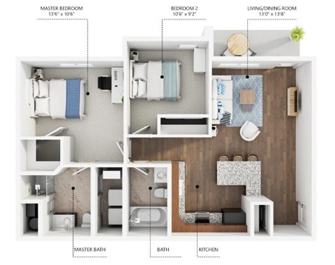 Floor plan for 2 beds, 2 baths, 905 sqft