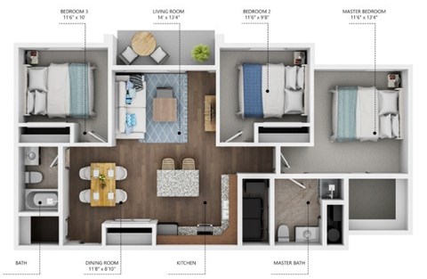 Floor plan for 3 beds, 3 baths, 1115 sqft