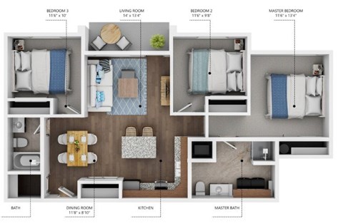 Floor plan for 3 beds, 3 baths, 1115 sqft