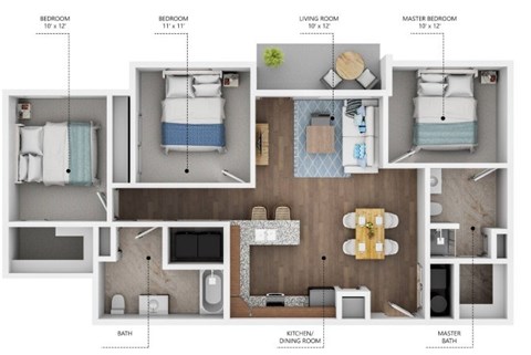 Floor plan for 3 beds, 3 baths, 1165 sqft
