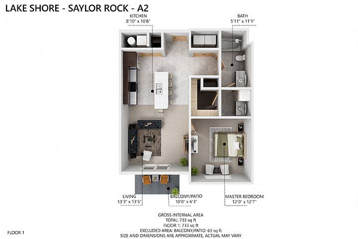 Floor plan for 1 bed, 1 bath, 725 sqft