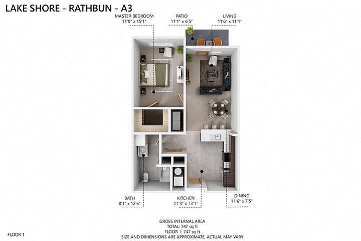 Floor plan for 1 bed, 1 bath, 735 sqft