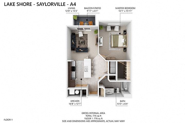 Floor plan for 1 bed, 1 bath, 735 sqft