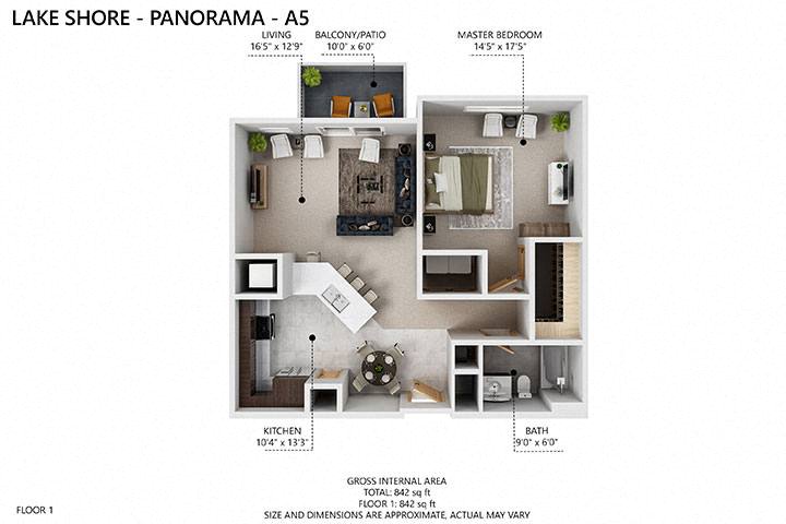 Floor plan for 1 bed, 1 bath, 785 sqft
