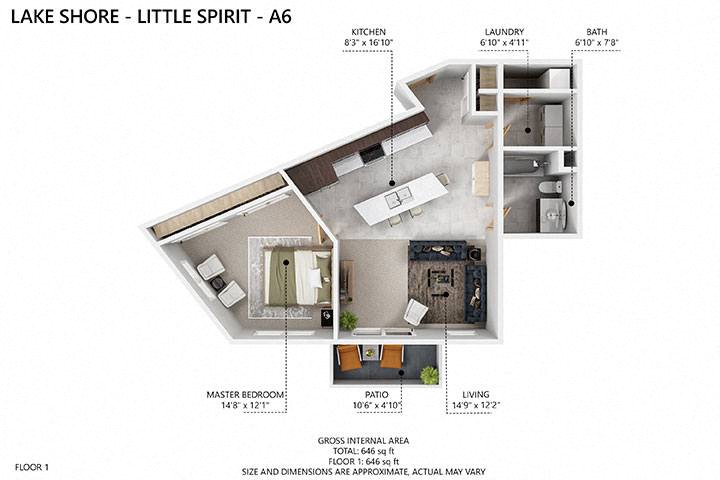 Floor plan for 1 bed, 1 bath, 815 sqft