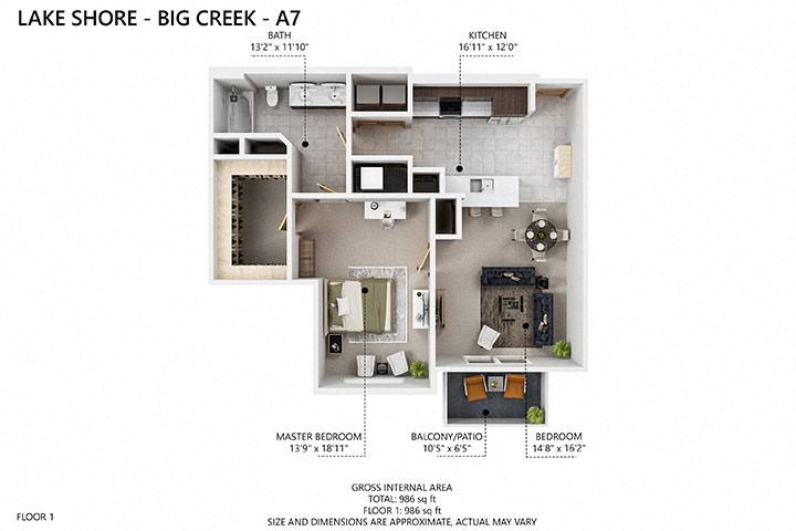 Floor plan for 1 bed, 1 bath, 845 sqft