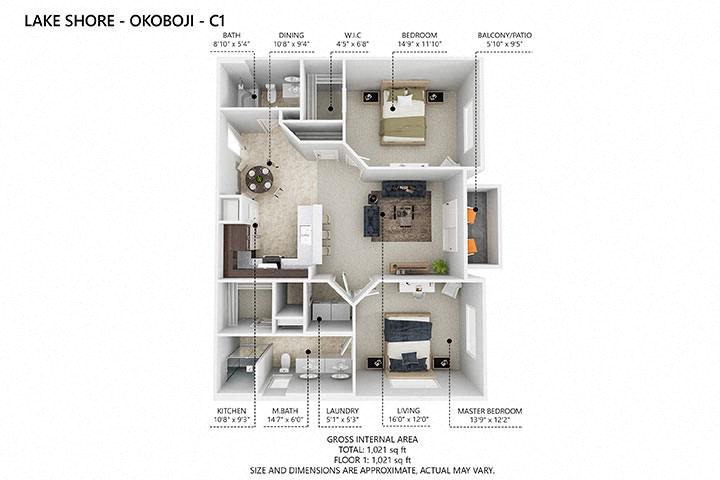 Floor plan for 2 beds, 2 baths, 1060 sqft