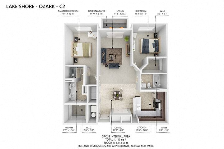 Floor plan for 2 beds, 2 baths, 1110 sqft