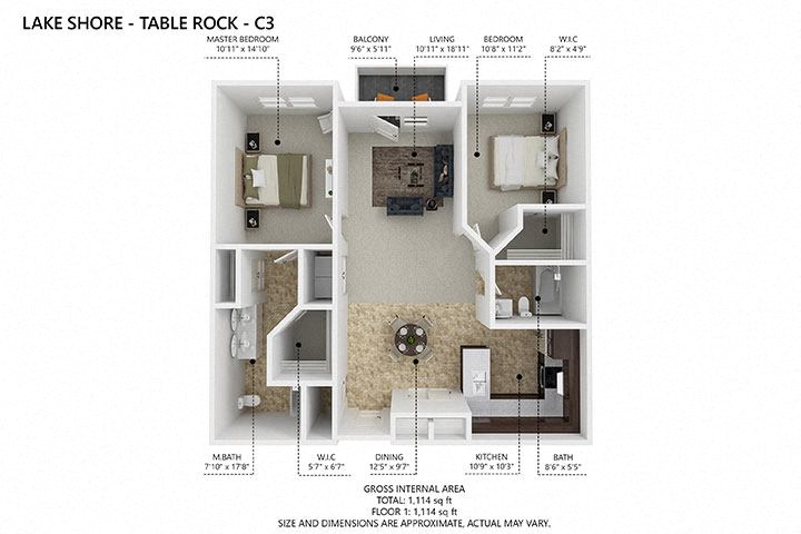 Floor plan for 2 beds, 2 baths, 1115 sqft