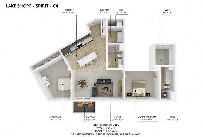 Floor plan for 2 beds, 2 baths, 1235 sqft