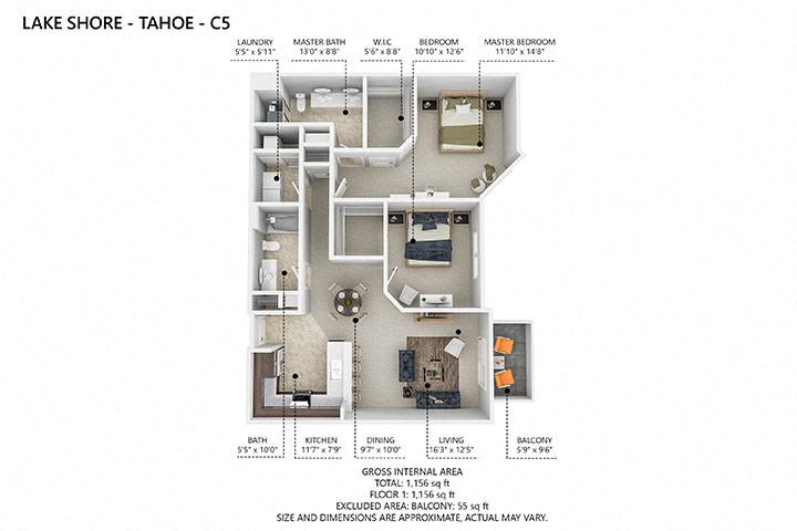 Floor plan for 2 beds, 2 baths, 1110 sqft