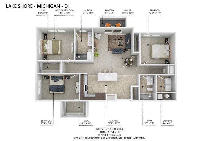 Floor plan for 3 beds, 2 baths, 1360 sqft