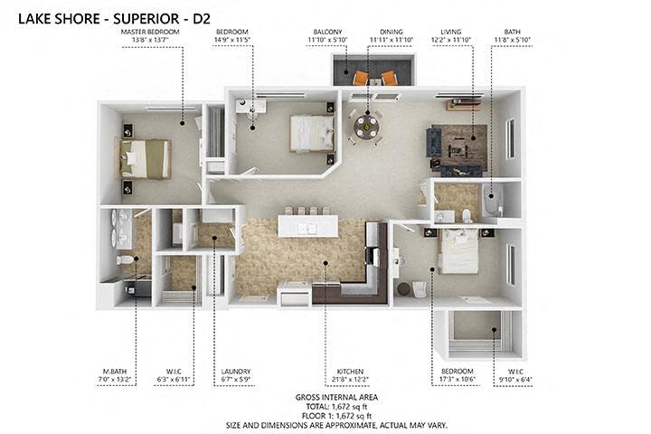 Floor plan for 3 beds, 2 baths, 1360 sqft