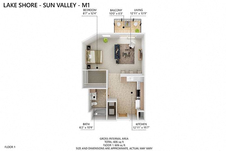 Floor plan for studio, 1 bath, 575 sqft