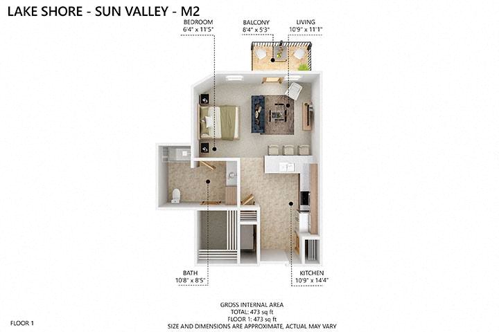 Floor plan for studio, 1 bath, 605 sqft