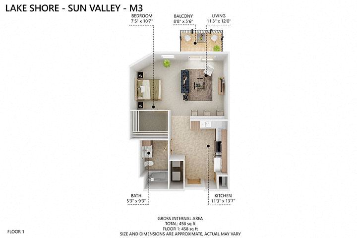 Floor plan for studio, 1 bath, 650 sqft
