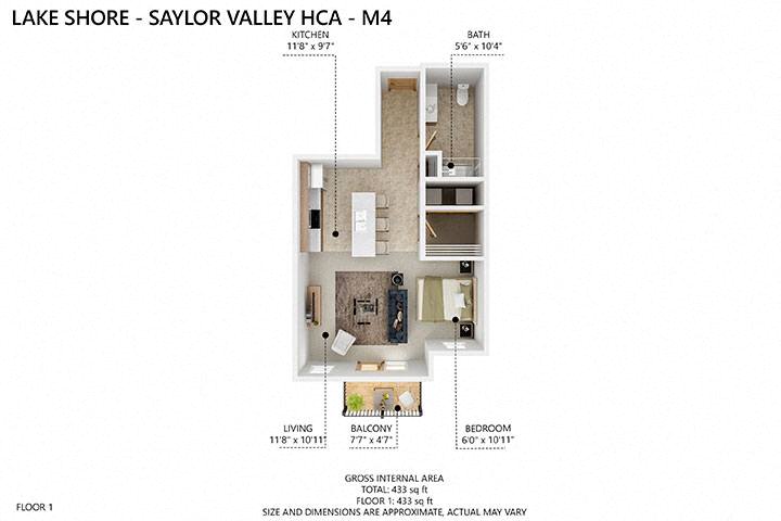 Floor plan for studio, 1 bath, 665 sqft