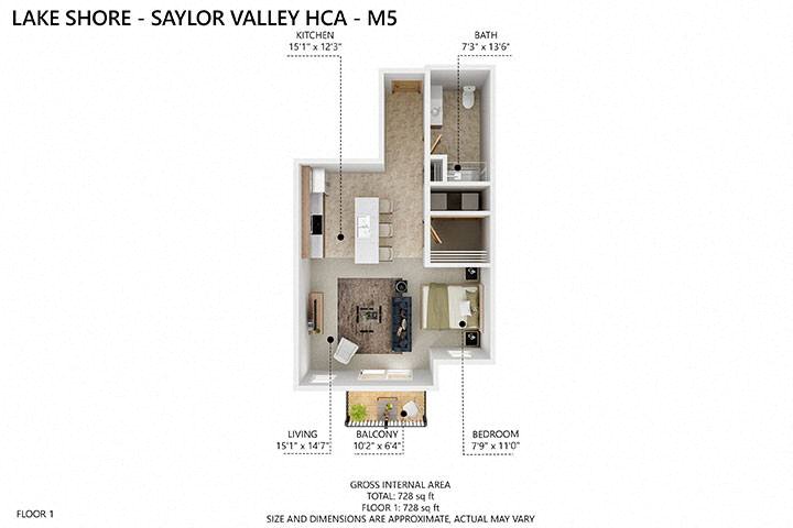 Floor plan for studio, 1 bath, 665 sqft