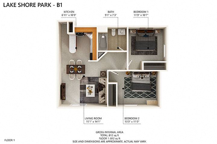 Floor plan for 2 beds, 1 bath, 812 sqft