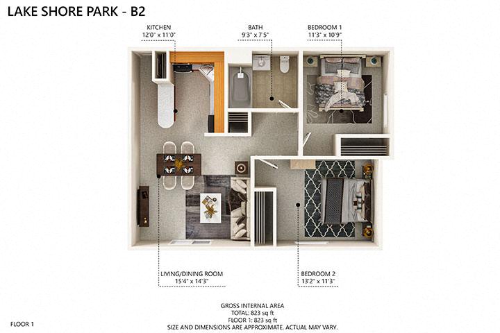 Floor plan for 2 beds, 1 bath, 823 sqft