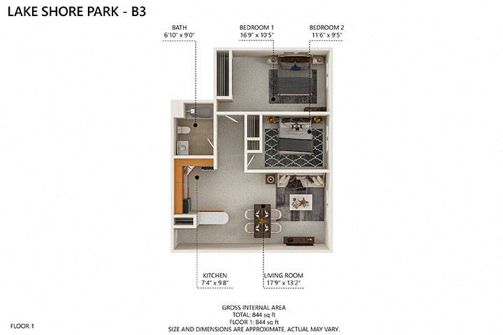 Floor plan for 2 beds, 1 bath, 840 sqft