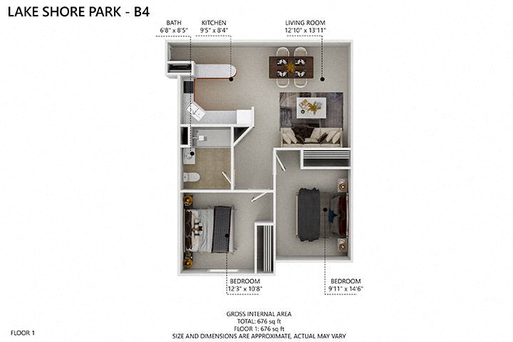 Floor plan for 2 beds, 1 bath, 860 sqft