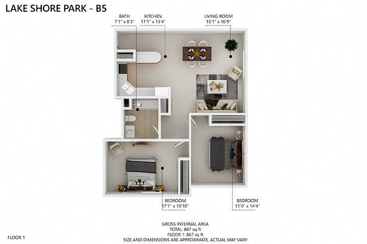 Floor plan for 2 beds, 1 bath, 867 sqft