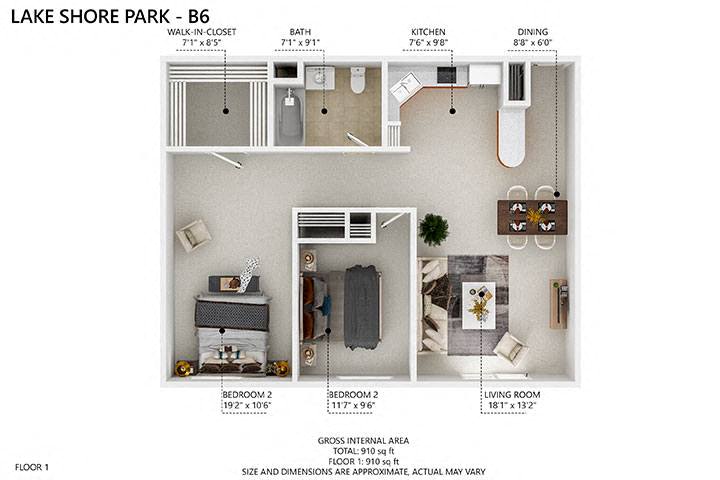 Floor plan for 2 beds, 1 bath, 910 sqft