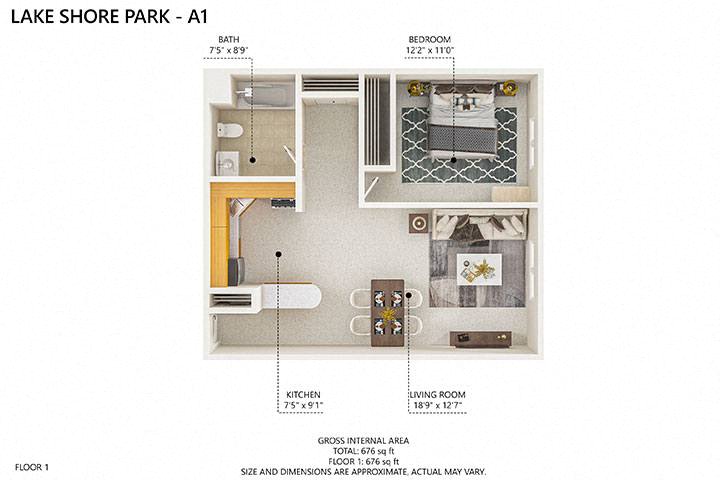 Floor plan for 1 bed, 1 bath, 676 sqft