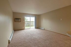 Ankeny apartment for rent - an empty living room with a sliding glass door at Peach Tree Apartments, Iowa