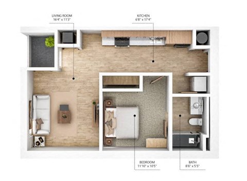 Floor plan for 1 bed, 1 bath, 620 sqft