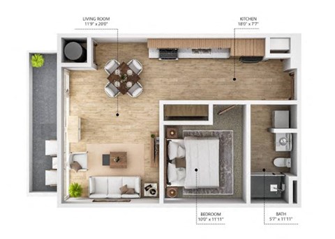 Floor plan for 1 bed, 1 bath, 700 sqft